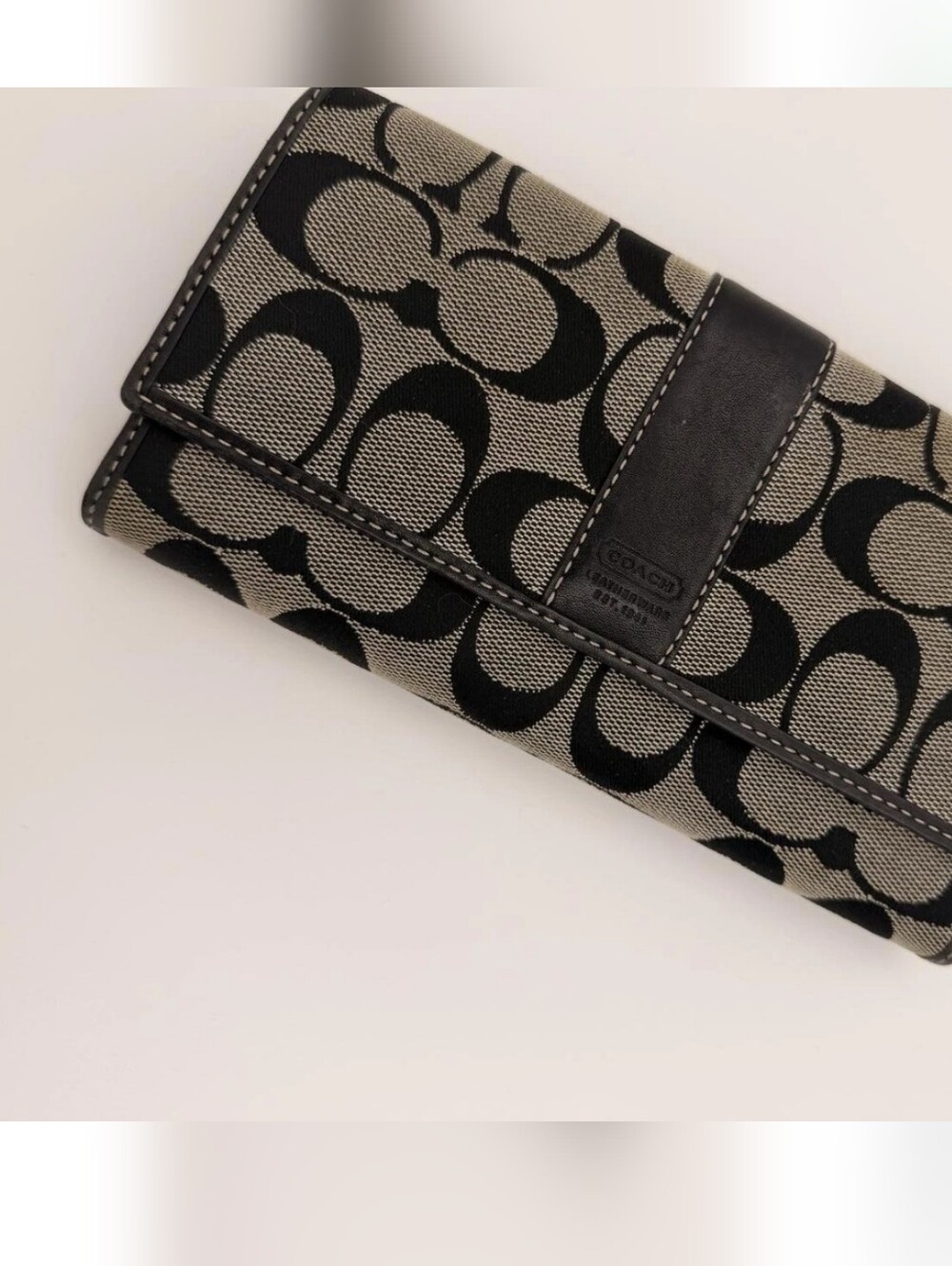 Coach Y2k Vintage Signature Long Wallet Black Beige Canvas Leather Snap Closure